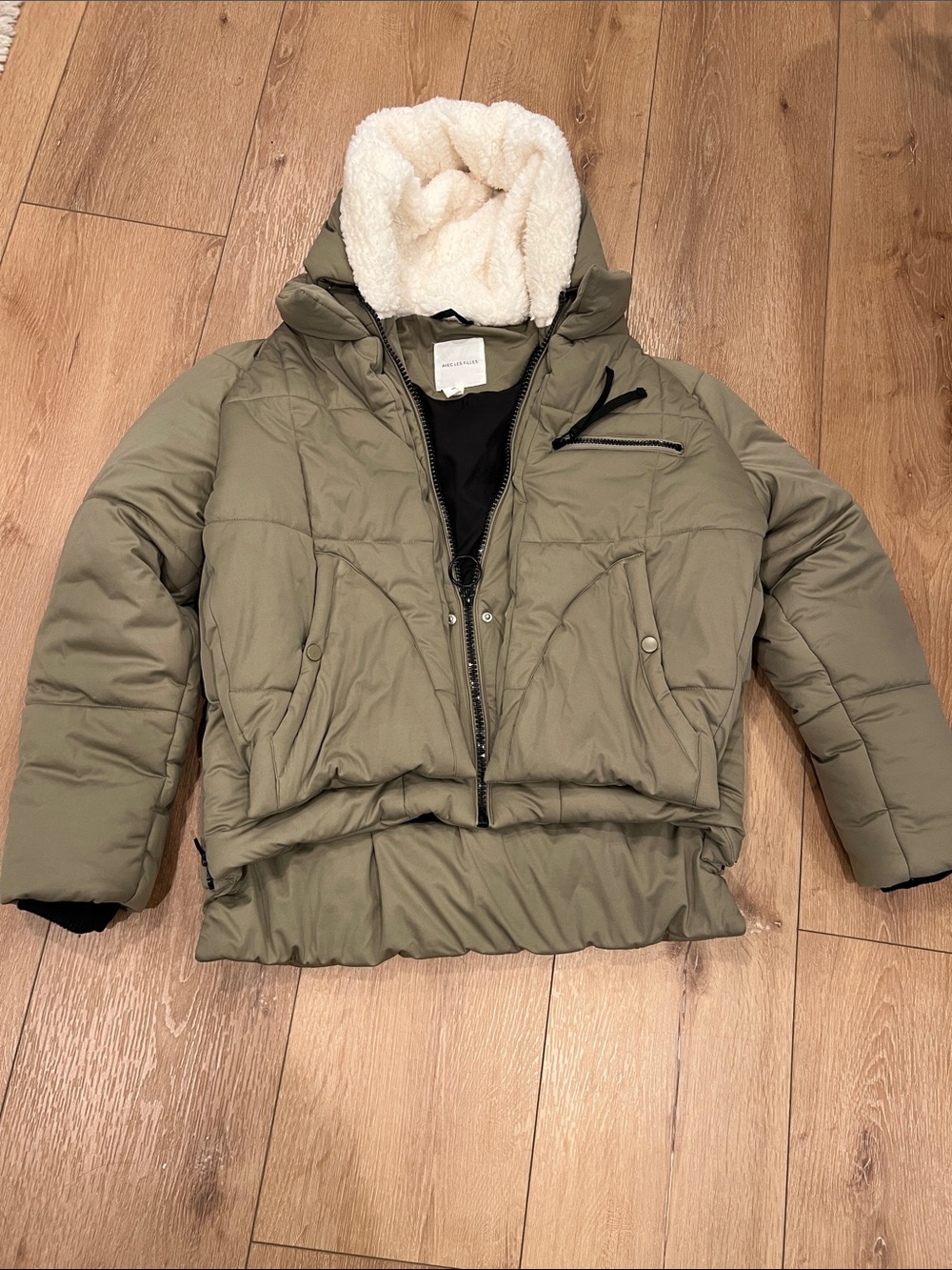 Avec Les Filles Olive Green Puffer Jacket with White Sherpa Collar